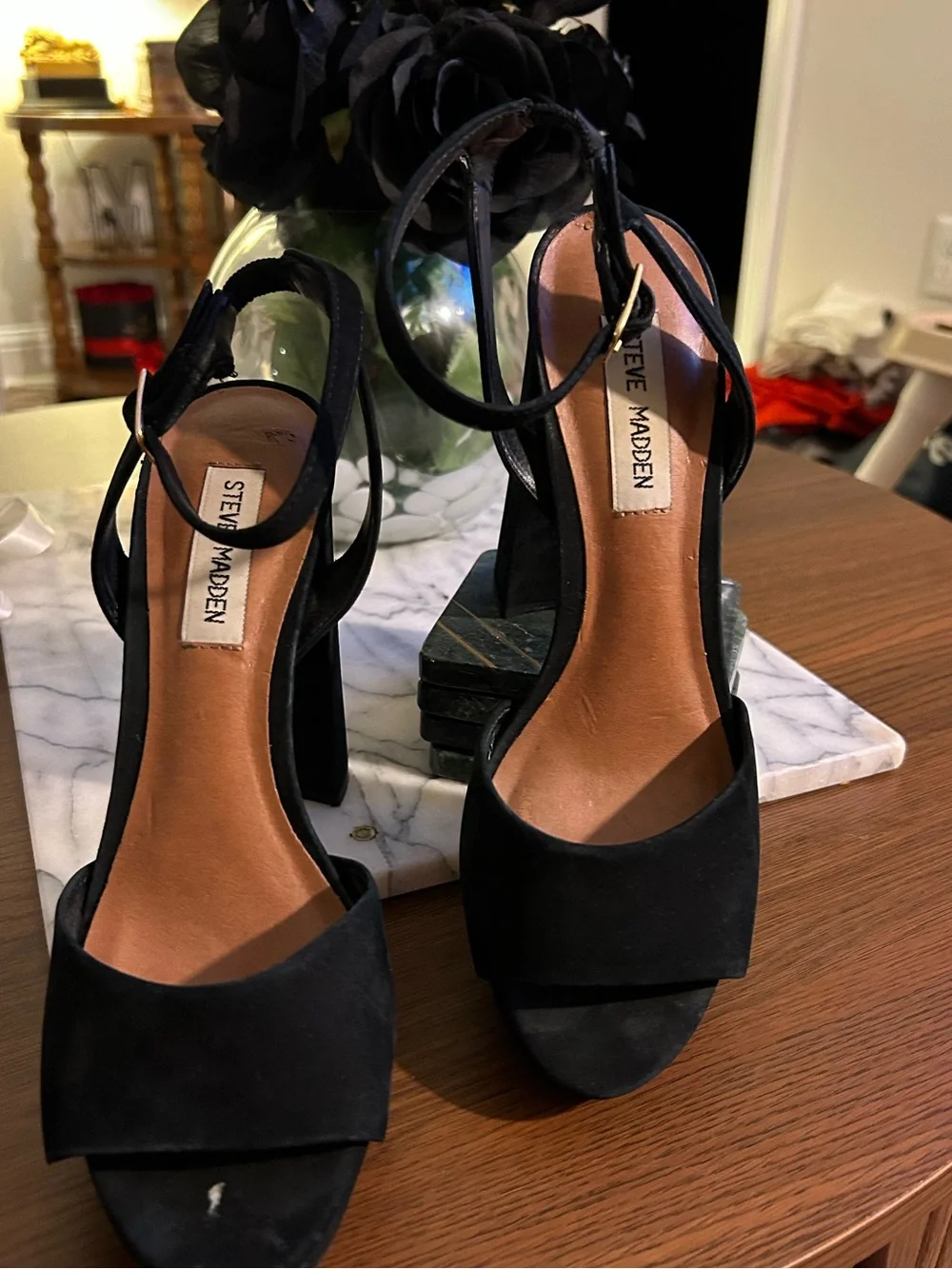 Steve Madden Black Suede Platform Ankle-Strap Block Heels